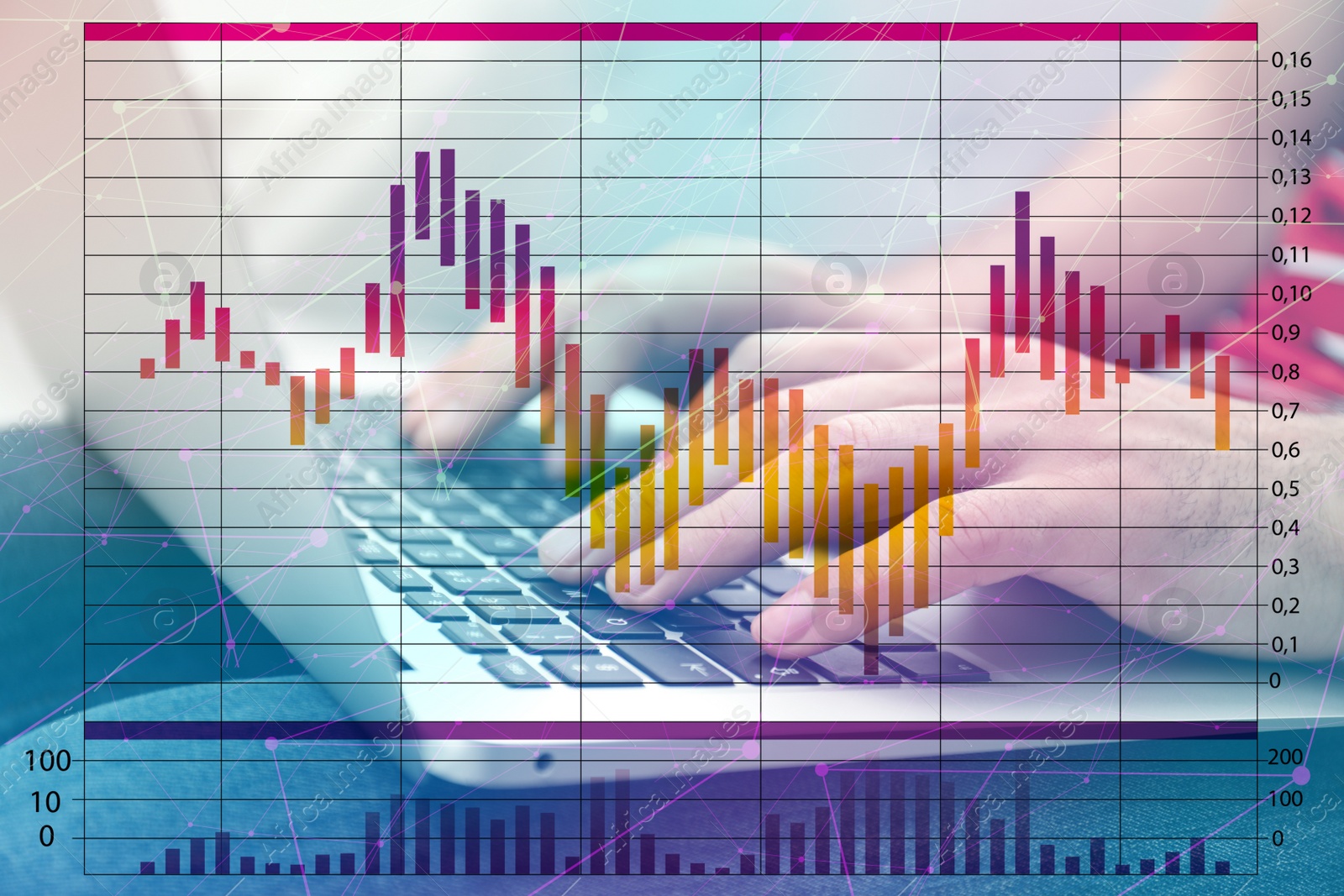 Image of Finance trading concept. Man working with laptop and chart, closeup