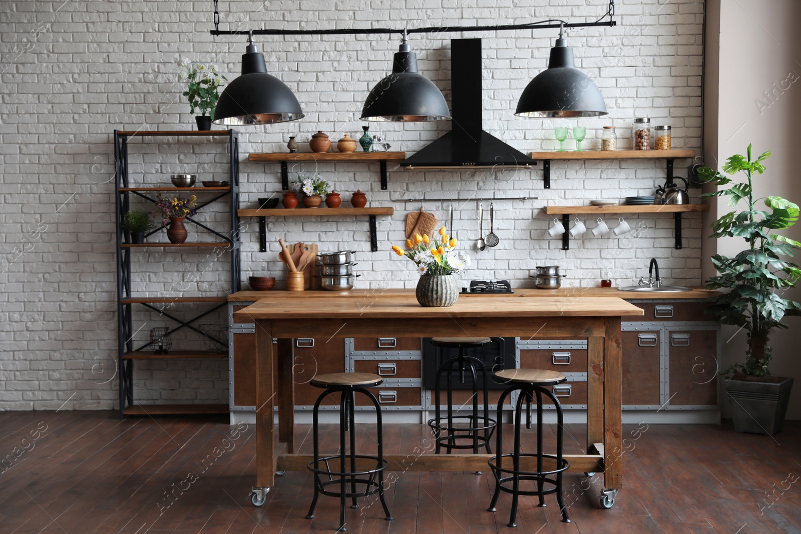 Photo of Beautiful kitchen interior with new stylish furniture