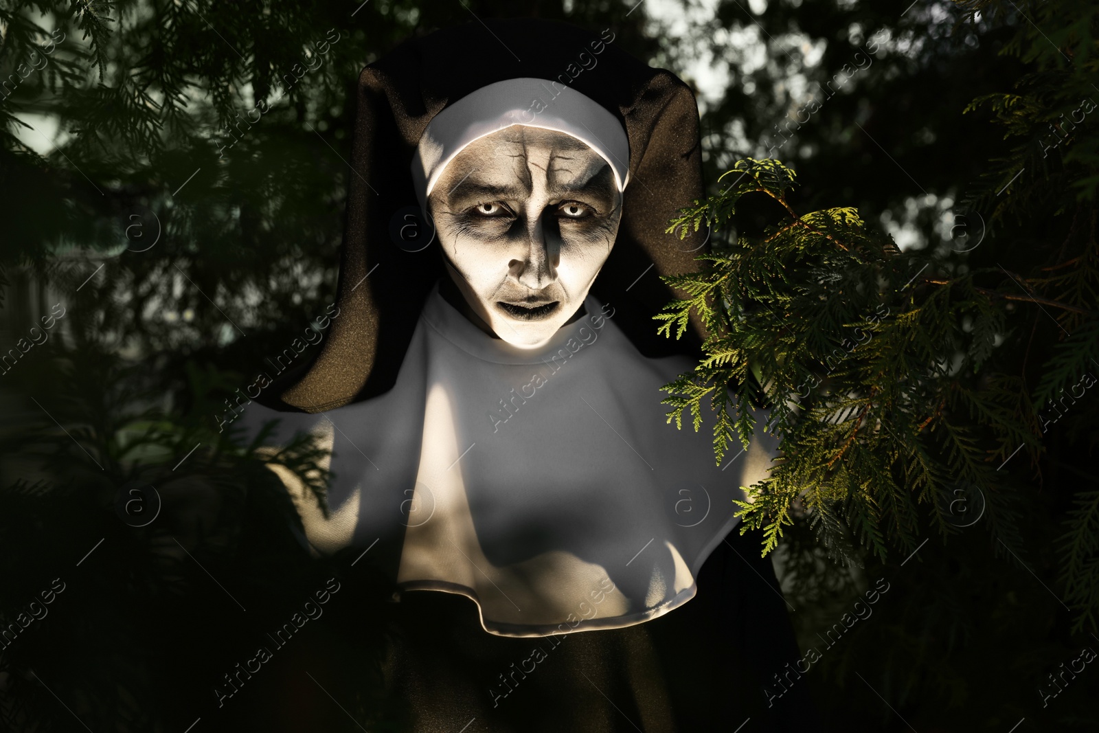 Photo of Portrait of scary devilish nun near tree outdoors. Halloween party look