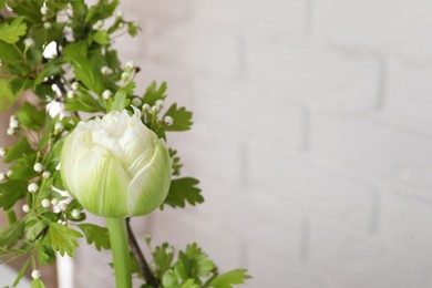 Photo of Beautiful ikebana for stylish house decor. Floral composition with fresh tulip flower and blooming branches on blurred background, closeup. Space for text