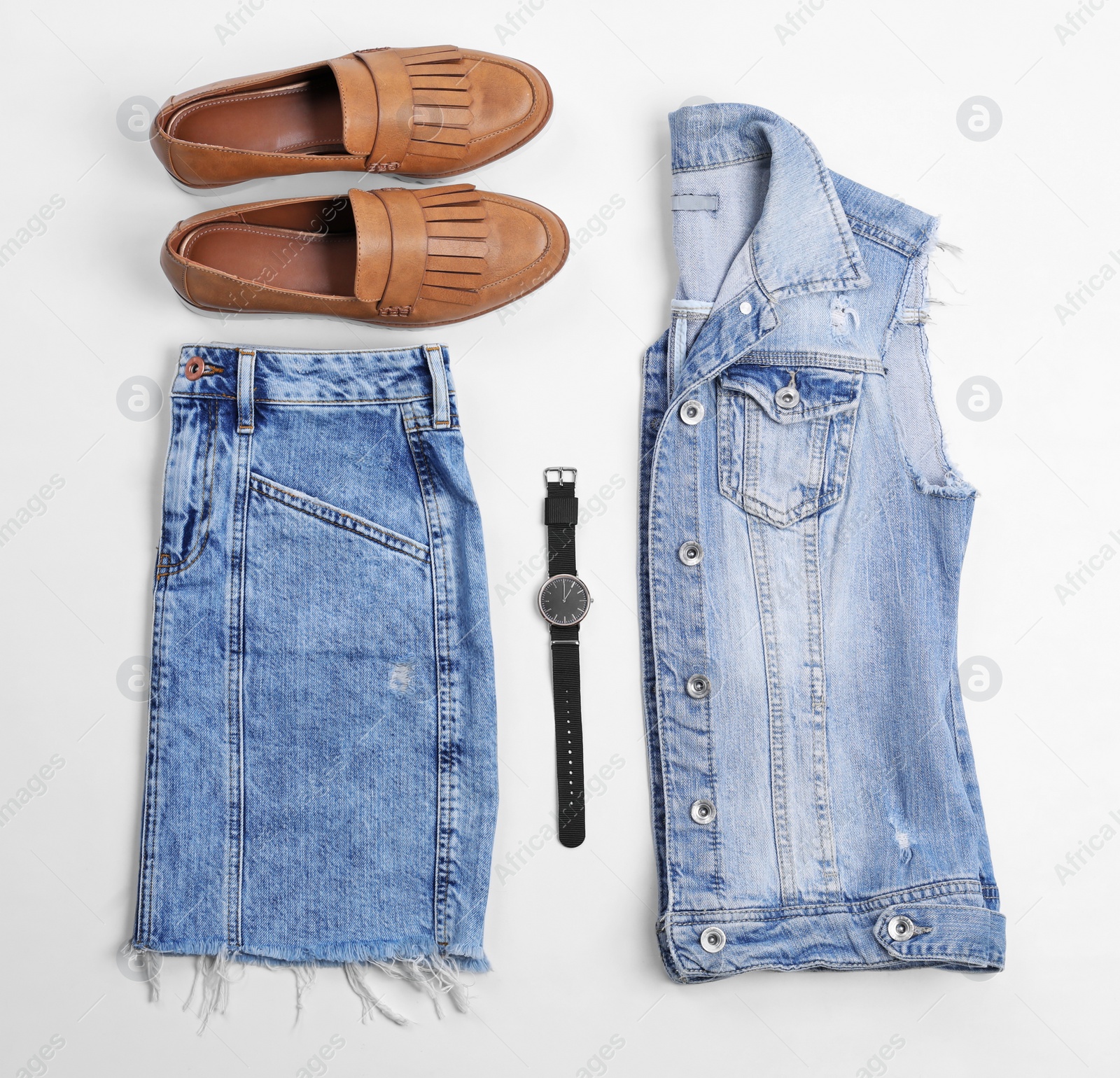 Photo of Flat lay composition with jeans clothes and accessories on white background