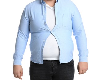 Photo of Overweight man in tight clothes on white background, closeup