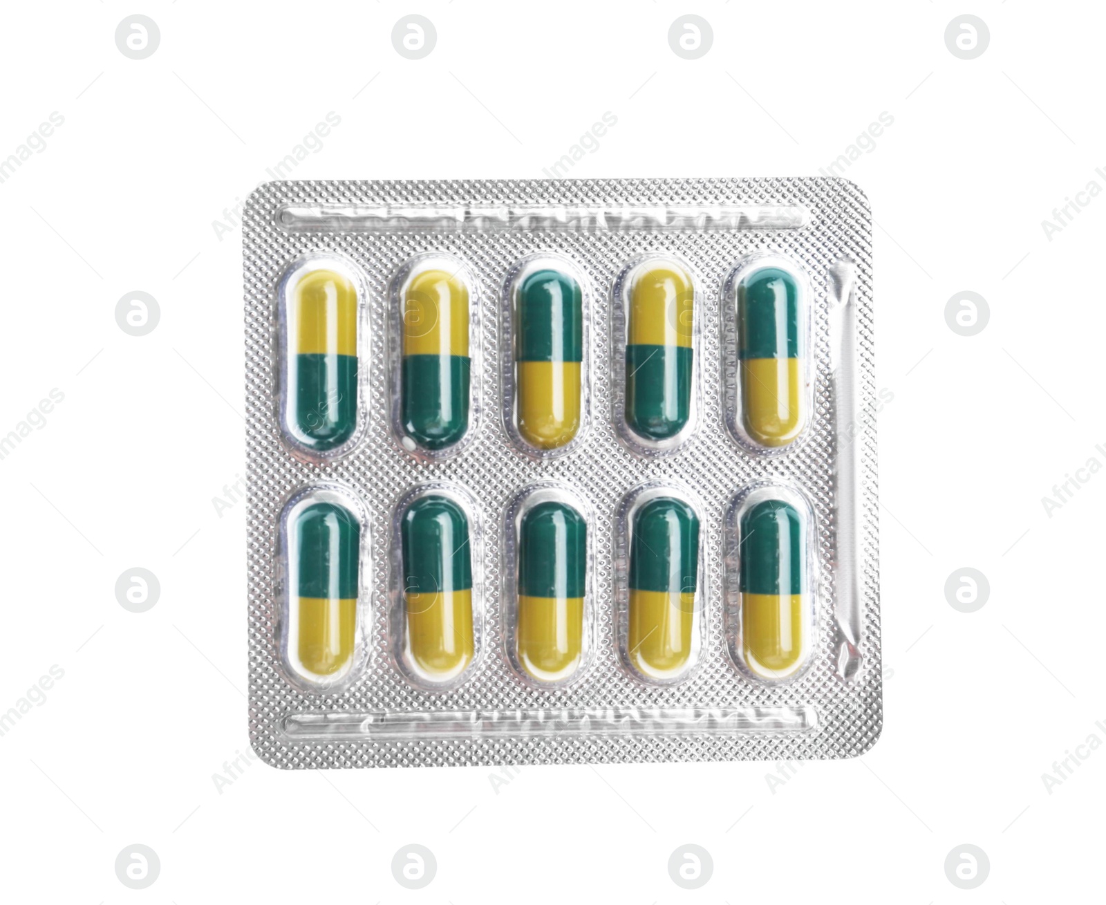 Photo of Pills in blister pack on white background, top view