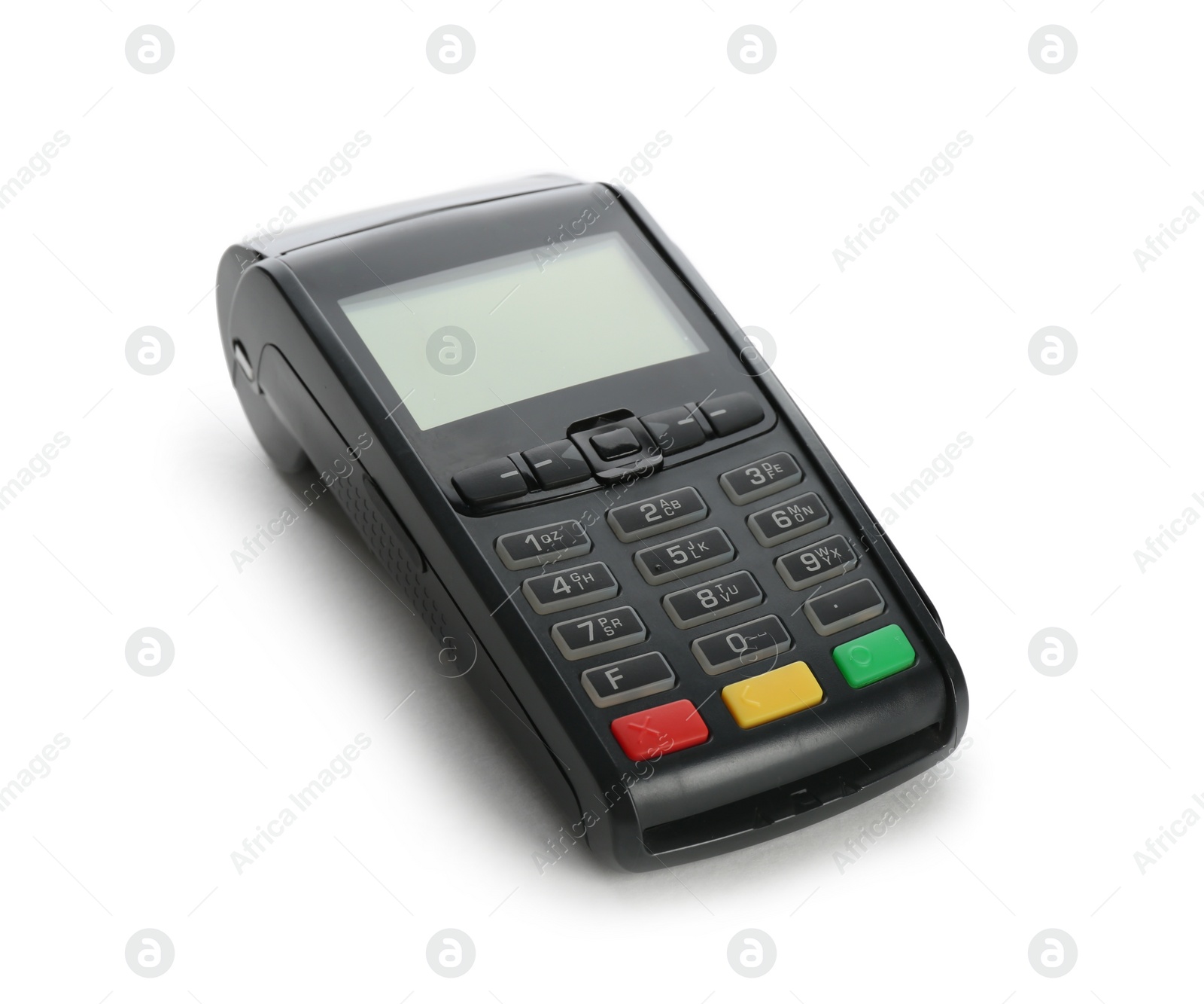 Photo of Modern payment terminal on white background. Space for text