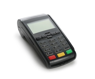 Photo of Modern payment terminal on white background. Space for text