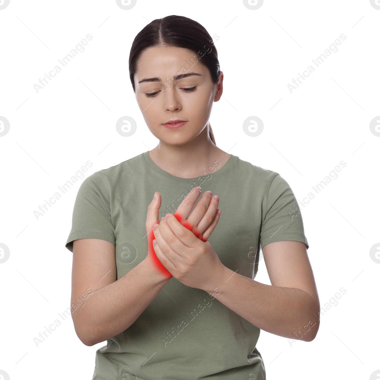 Image of Woman suffering from rheumatism on white background