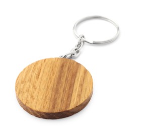 Wooden keychain in shape of smiley face isolated on white