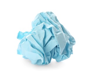 Photo of Crumpled sheet of light blue paper isolated on white