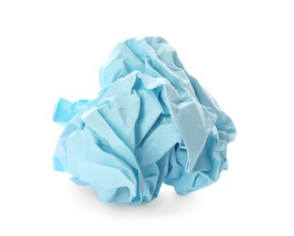 Crumpled sheet of light blue paper isolated on white