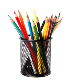 Photo of Holder with color pencils on white background