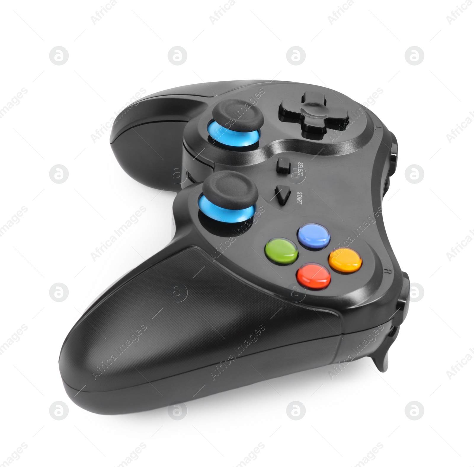 Photo of Black wireless controller on white background. Video game device