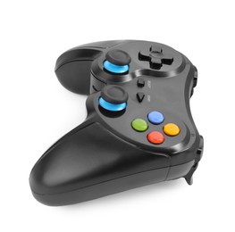 Black wireless controller on white background. Video game device