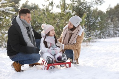 Photo of Happy family with sledge outdoors on winter day. Christmas vacation