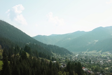 Photo of Picturesque landscape with forest and village in mountains