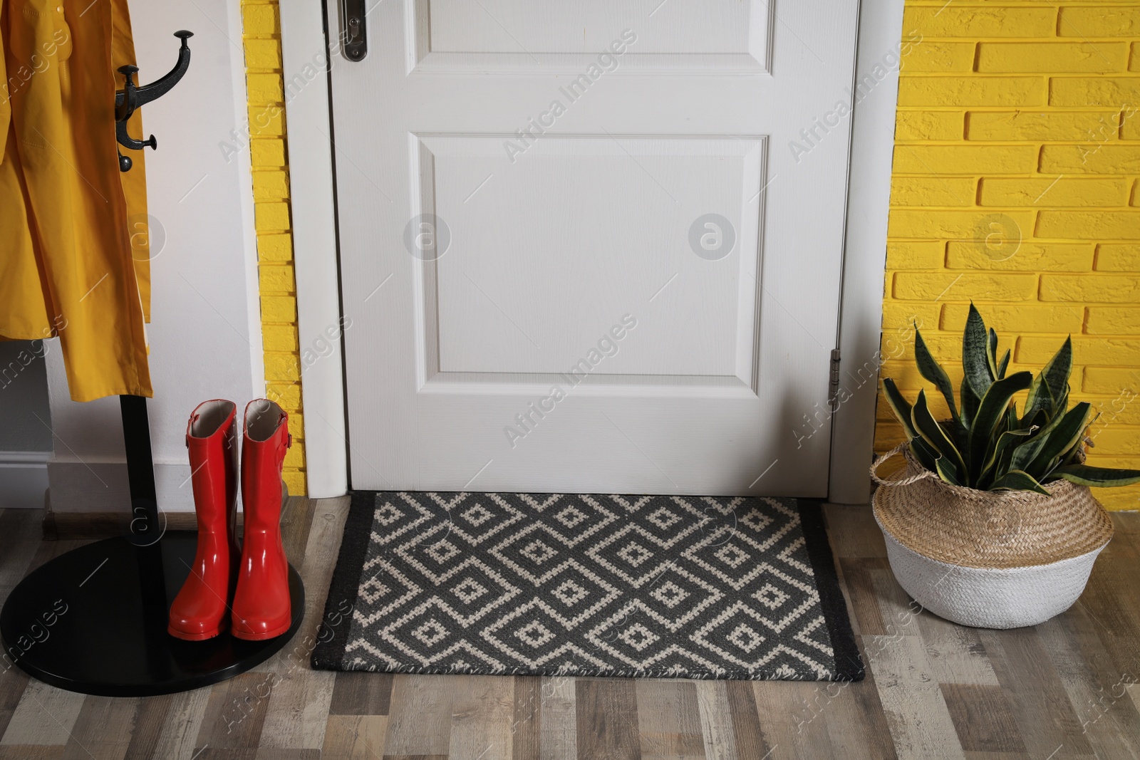 Photo of Hallway interior with beautiful houseplant, hanger stand and door mat on floor near entrance