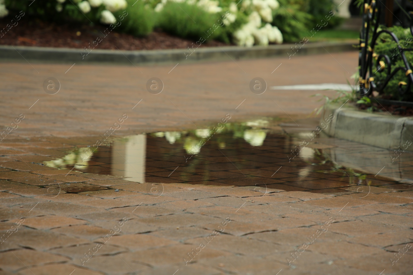 Photo of Puddle after rain on street tiles outdoors