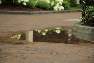 Photo of Puddle after rain on street tiles outdoors