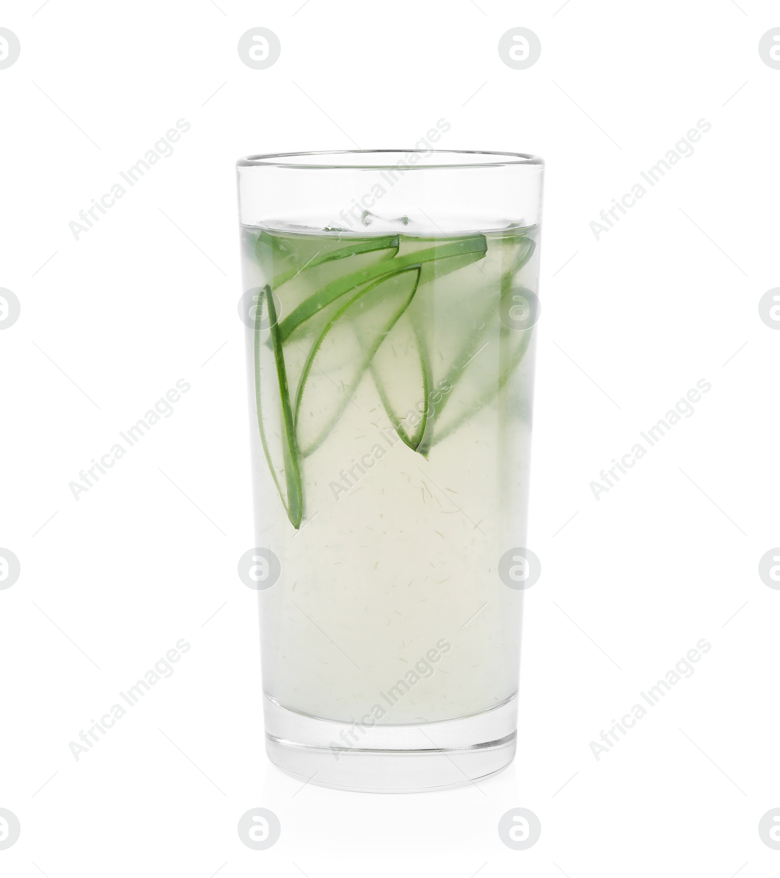 Photo of Tasty aloe juice and cut fresh leaves in glass isolated on white