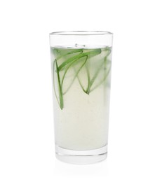 Photo of Tasty aloe juice and cut fresh leaves in glass isolated on white