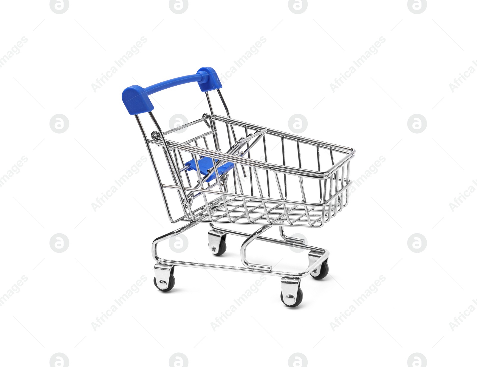 Photo of Empty mini metal shopping cart isolated on white