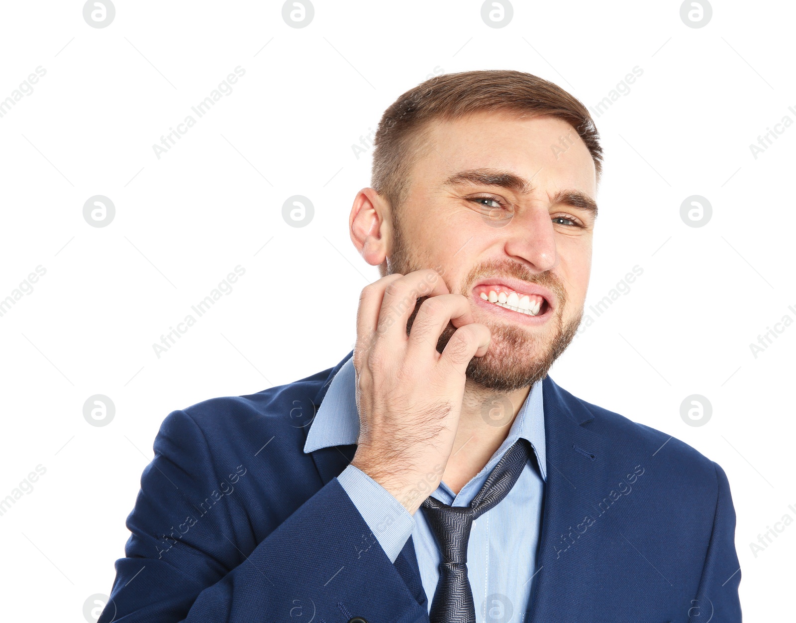 Photo of Young man scratching beard on white background. Annoying itch