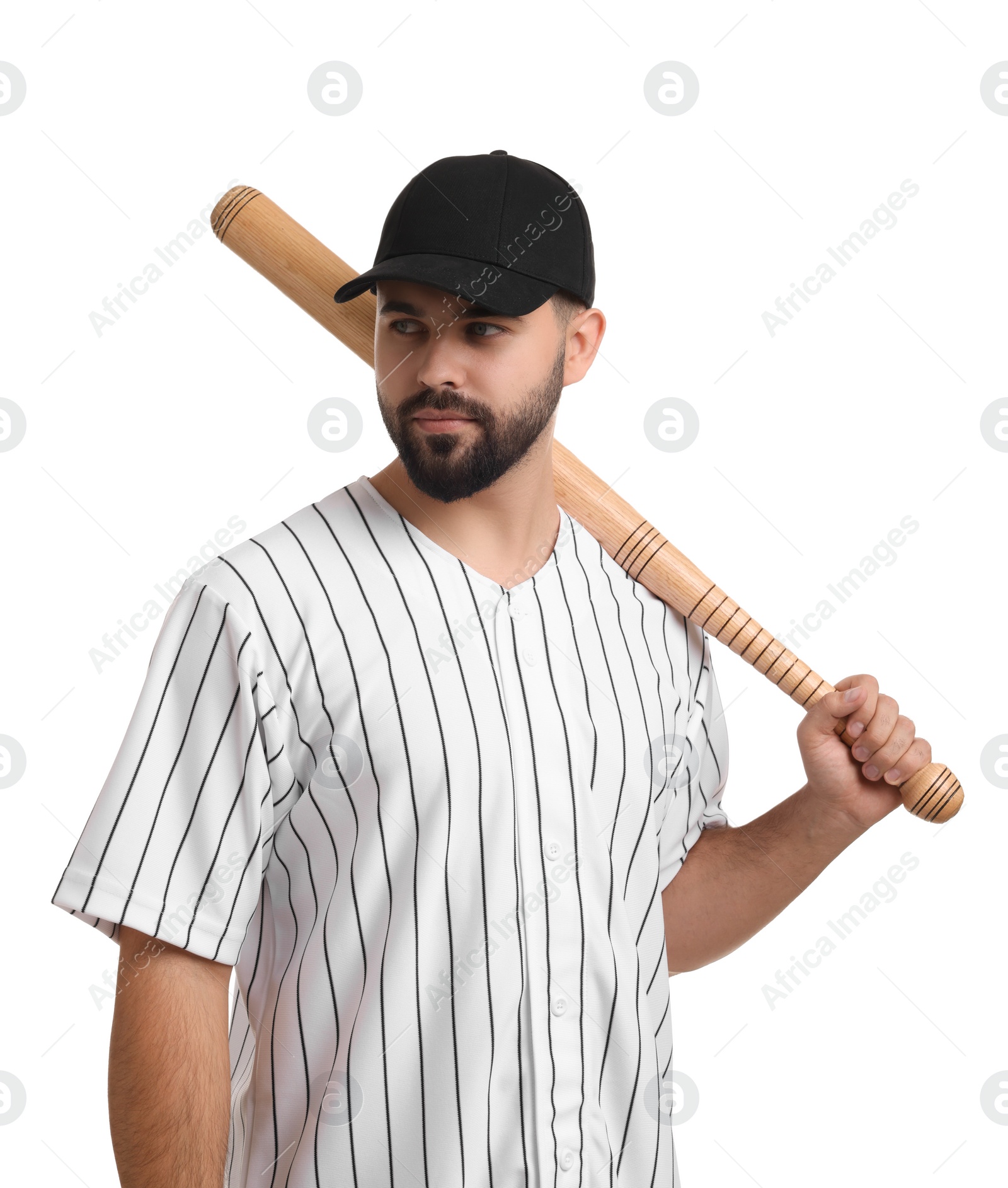 Photo of Man in stylish black baseball cap holding bat on white background