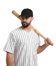 Man in stylish black baseball cap holding bat on white background