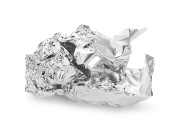 Photo of Crumpled piece of aluminum foil isolated on white