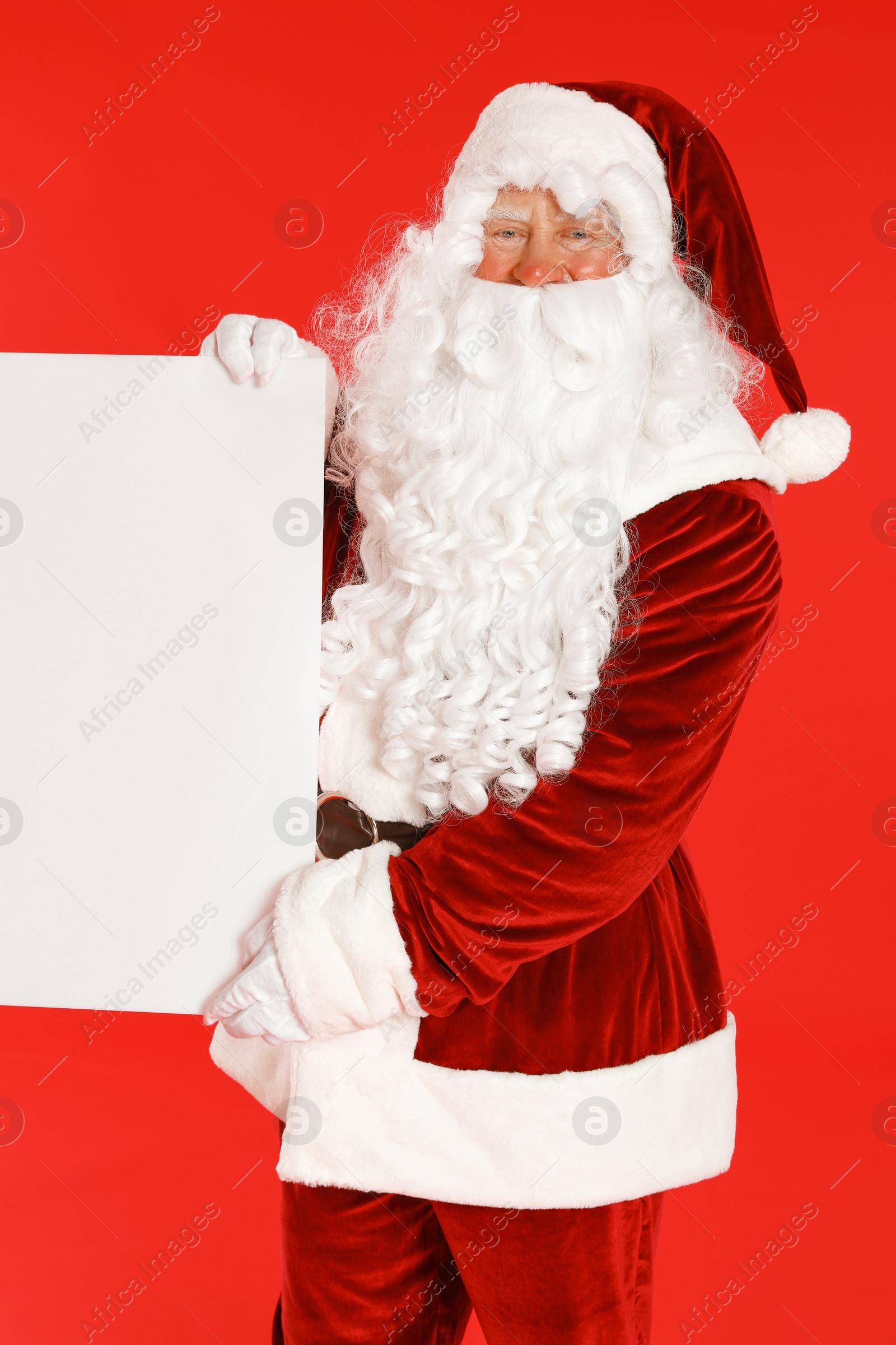 Photo of Authentic Santa Claus with blank banner on red background. Space for design