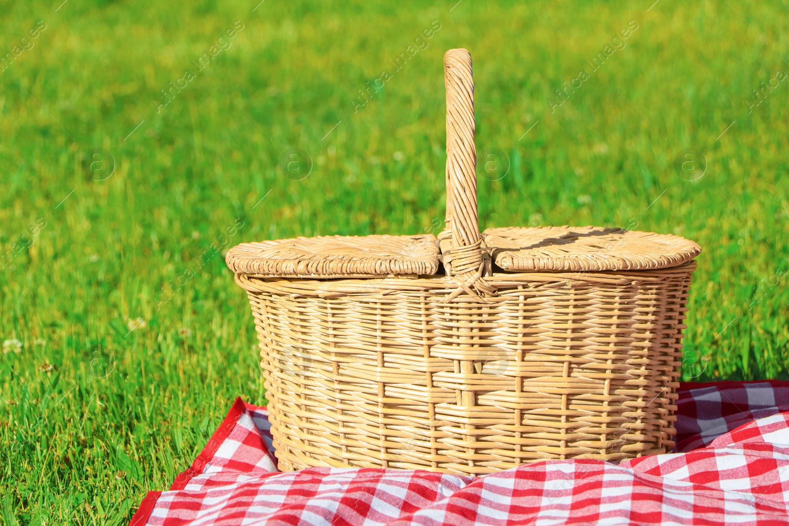 Photo of Picnic basket with checkered tablecloth on green grass outdoors, space for text