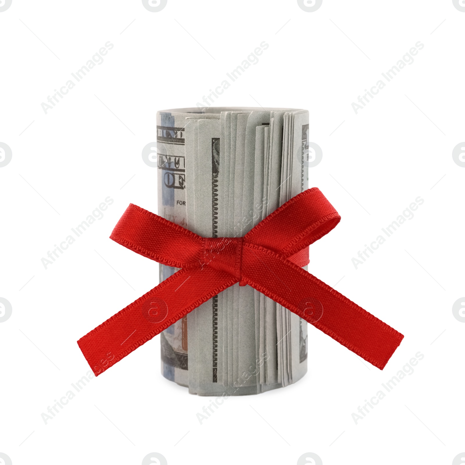 Photo of Roll of dollar banknotes with red ribbon on white background
