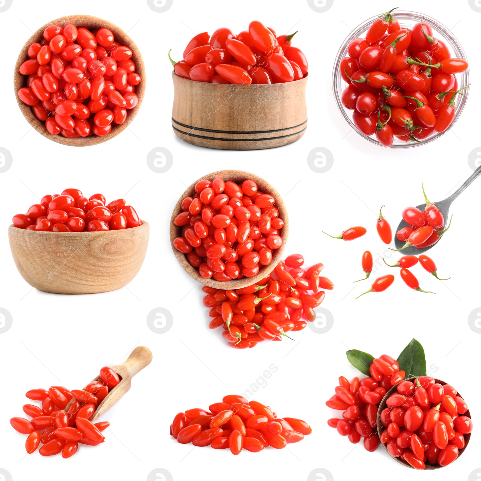 Image of Set of fresh goji berries on white background