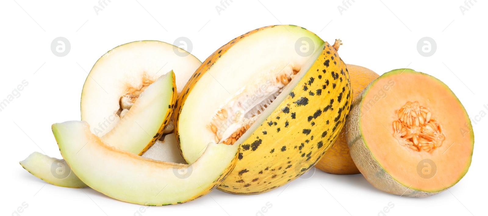 Photo of Tasty colorful ripe melons on white background