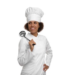 Photo of Happy female chef in uniform holding ladle on white background