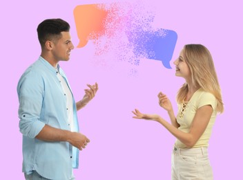 Man and woman talking on light violet background. Dialogue illustration with speech bubbles