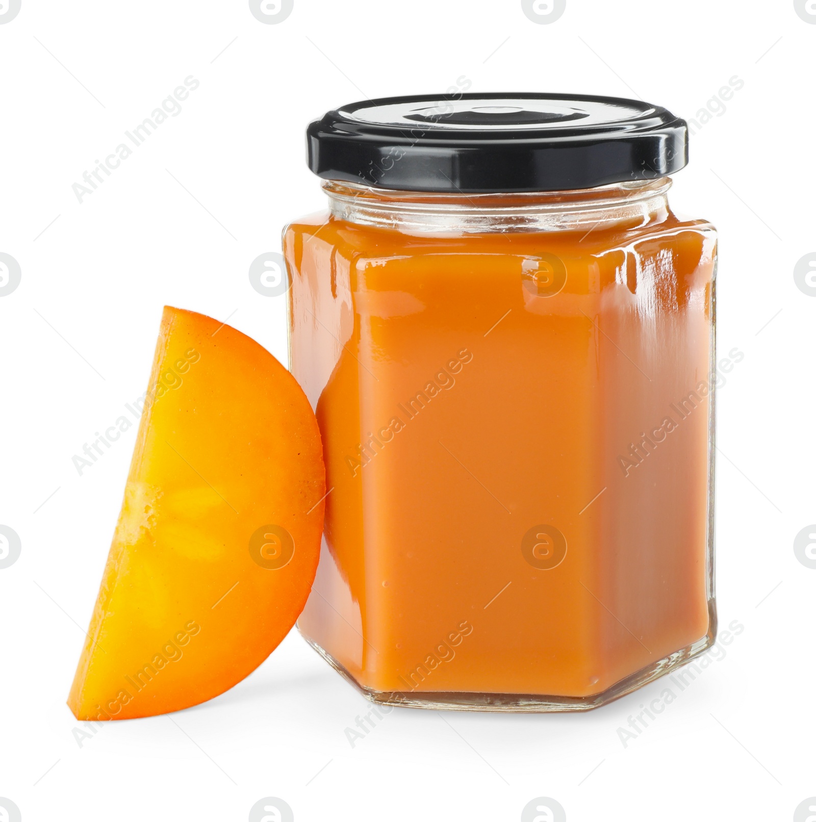 Photo of Delicious persimmon jam and fresh fruit isolated on white