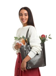 Young woman with leather shopper bag on white background