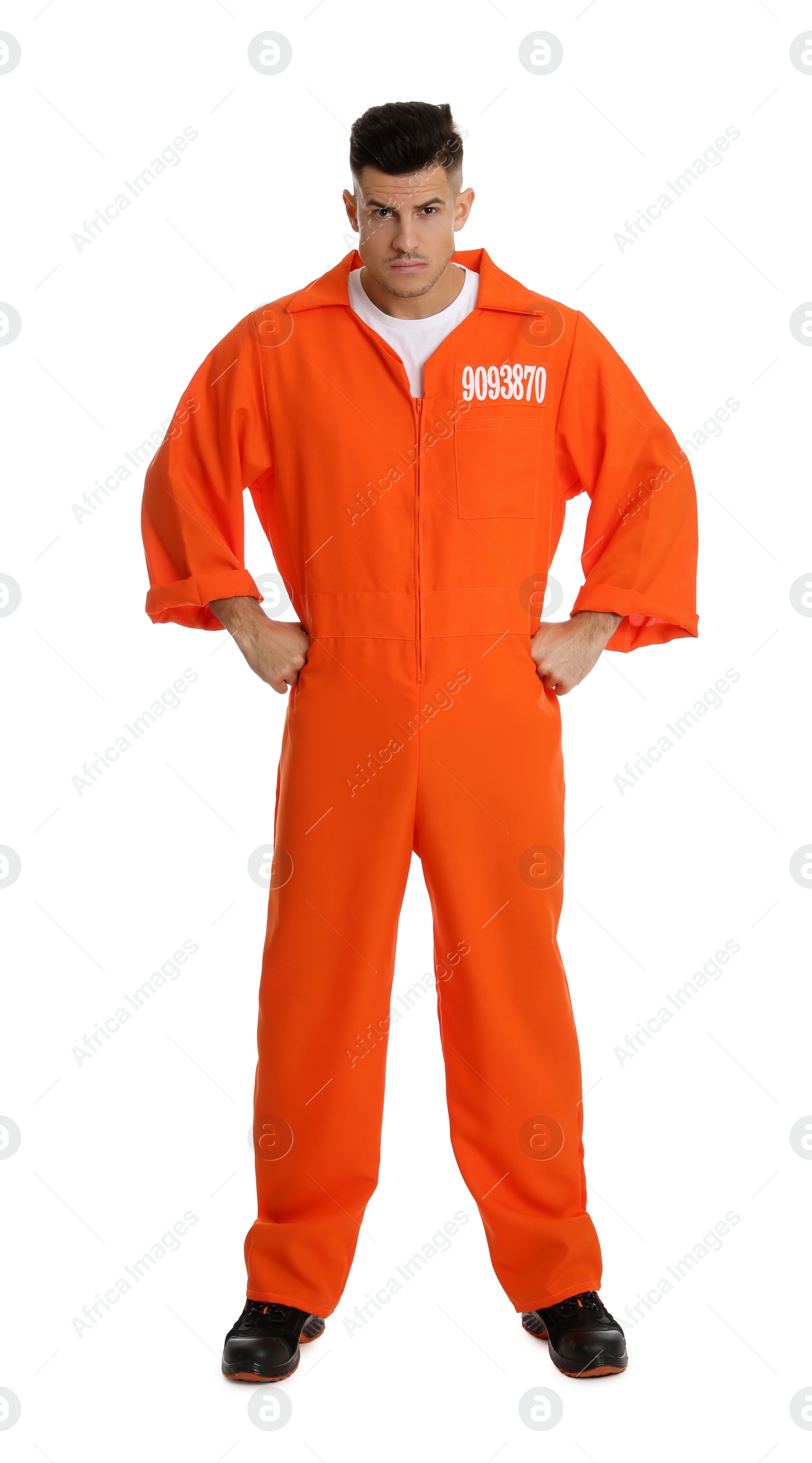 Photo of Prisoner in orange jumpsuit on white background