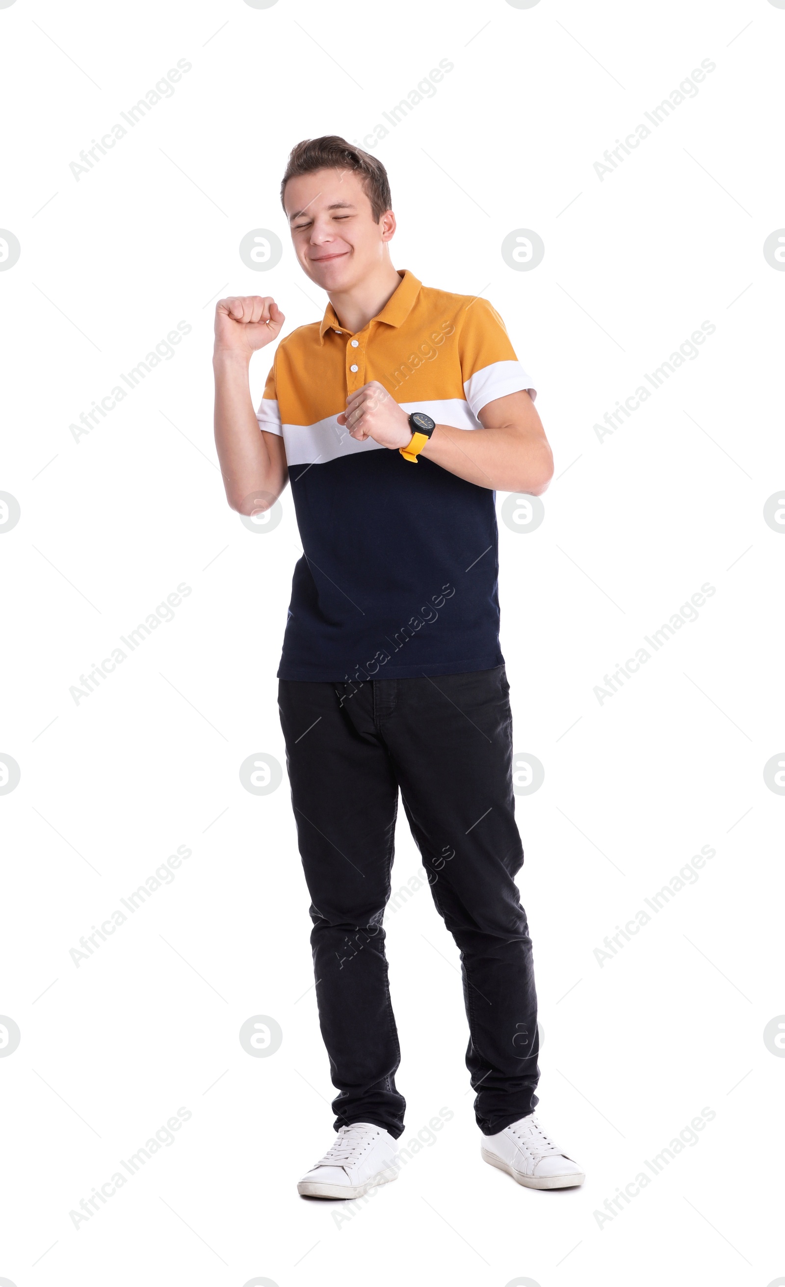 Photo of Portrait of happy teenage boy on white background