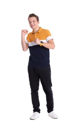 Portrait of happy teenage boy on white background