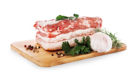 Photo of Piece of pork fatback served with different ingredients isolated on white