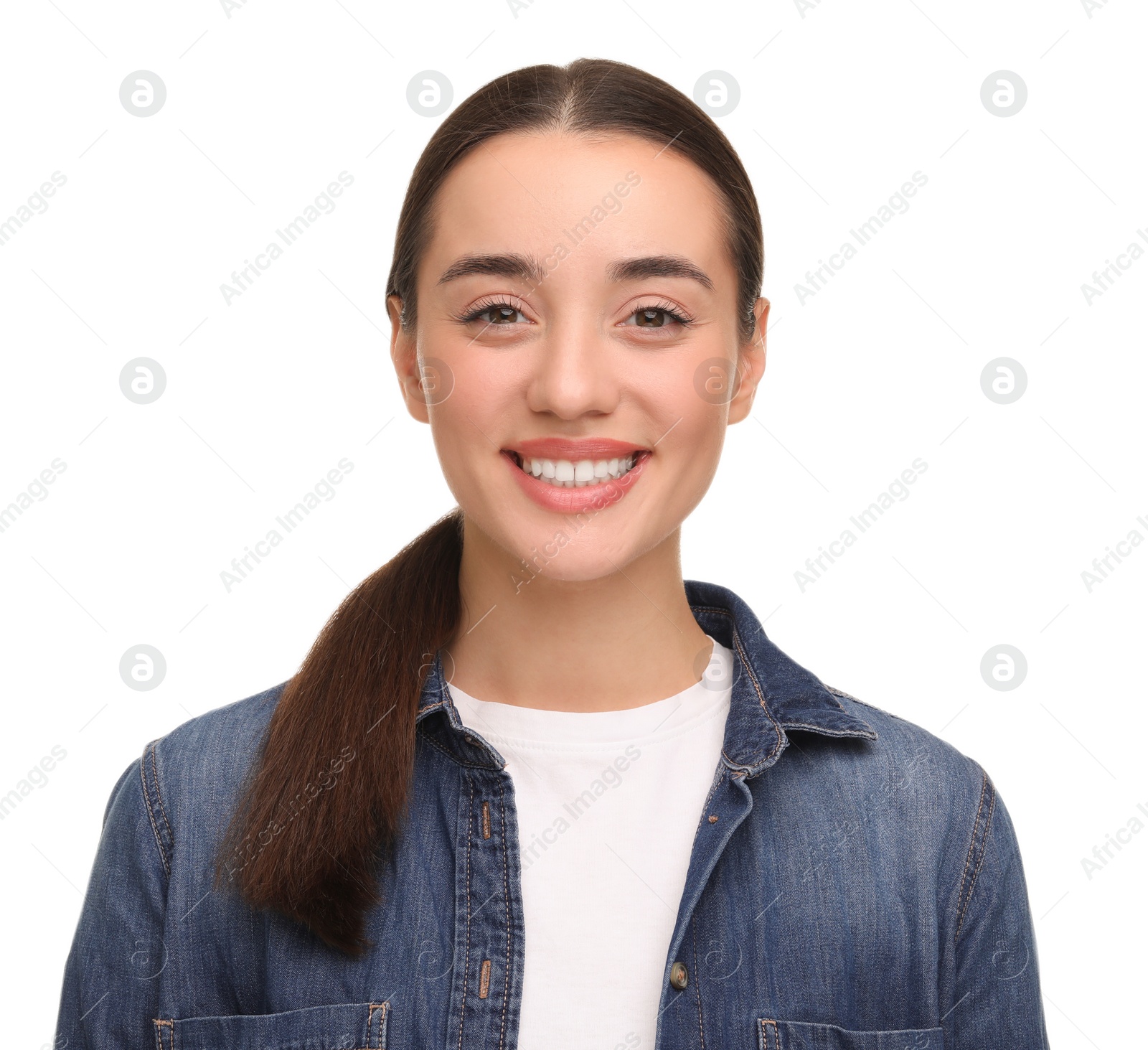 Photo of Young woman with clean teeth smiling on white background