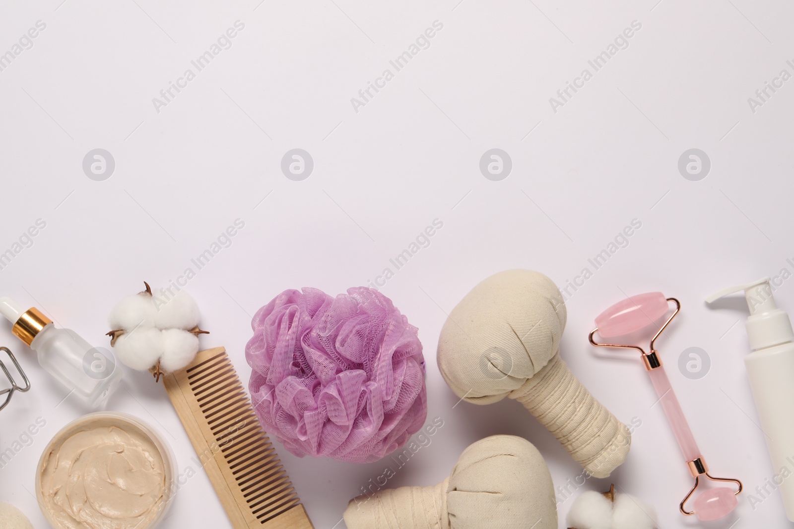 Photo of Bath accessories. Flat lay composition with personal care products on white background, space for text