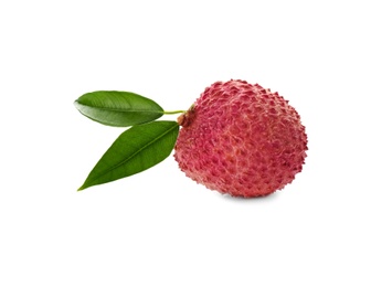 Photo of Whole ripe lychee fruit with green leaves isolated on white