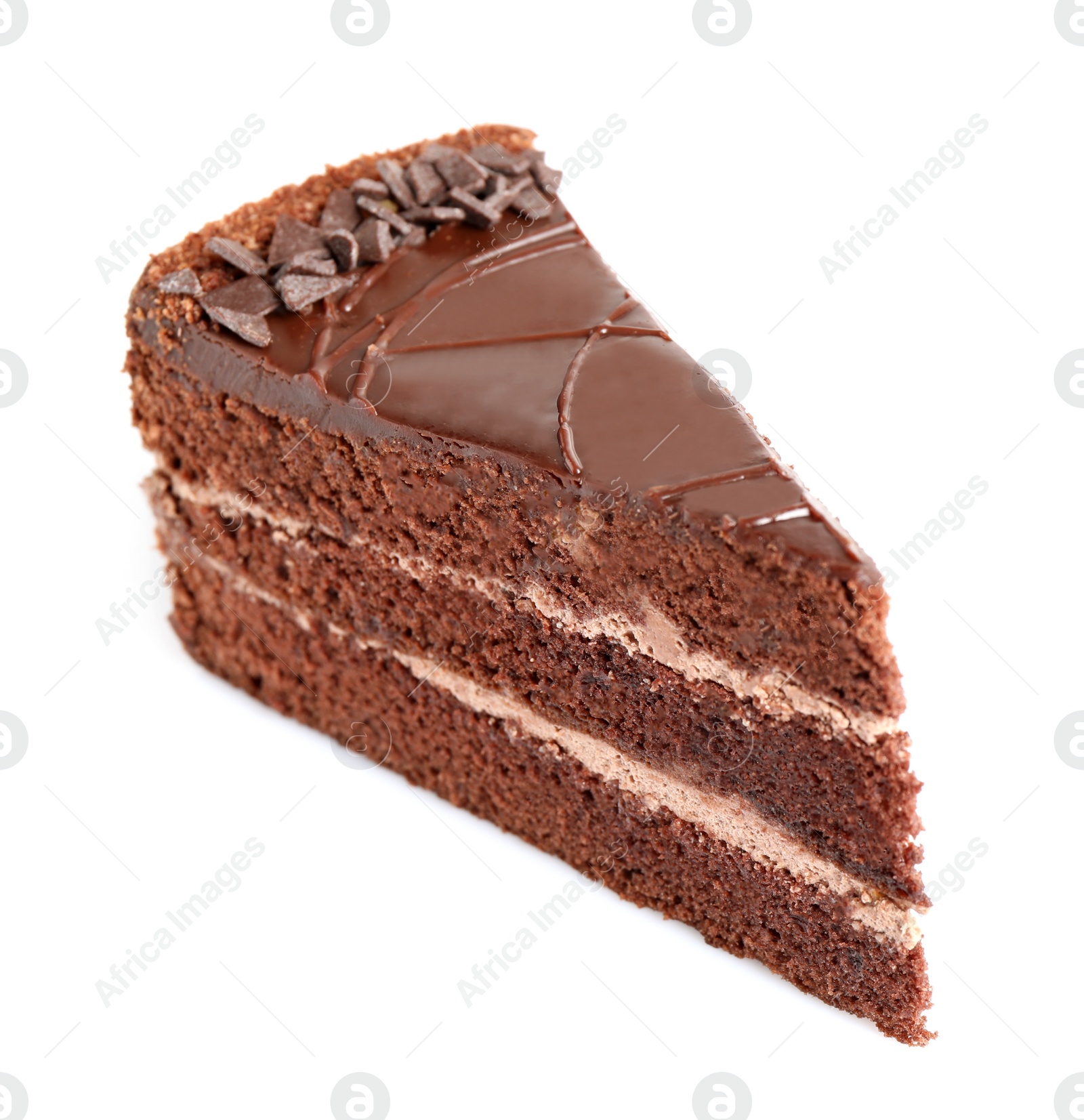 Photo of Piece of tasty chocolate cake isolated on white