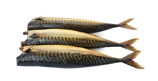 Delicious smoked mackerels isolated on white.
Seafood product