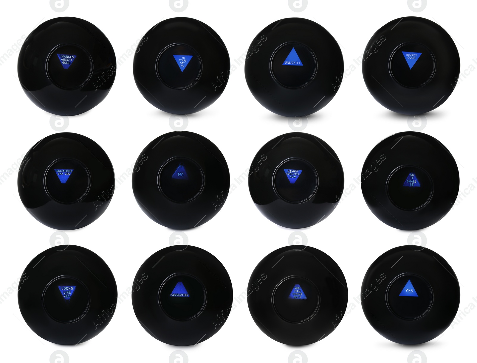 Image of Magic eight ball with different predictions isolated on white, collection