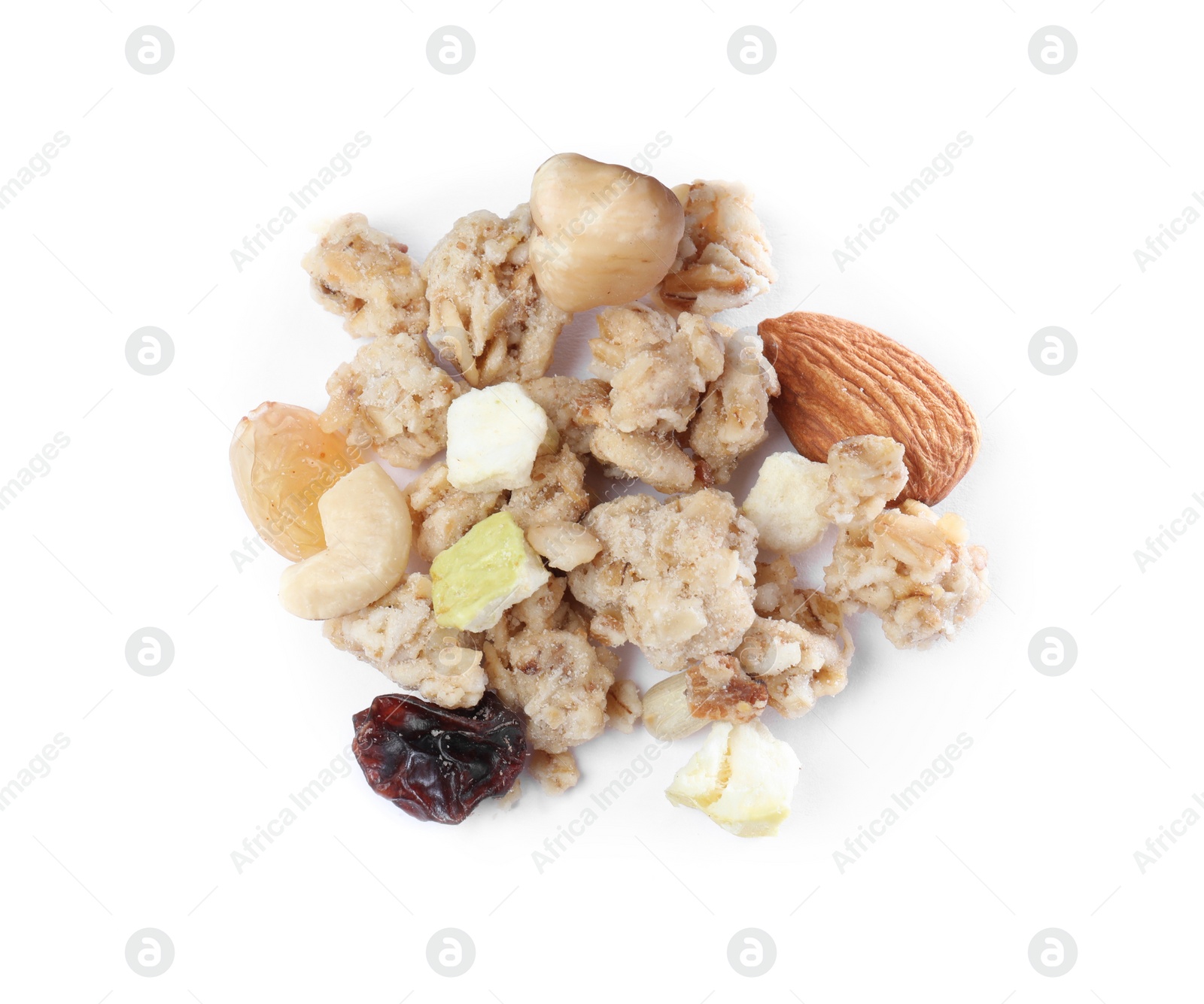 Photo of Pile of granola on white background, top view. Healthy snack