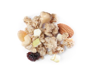 Photo of Pile of granola on white background, top view. Healthy snack