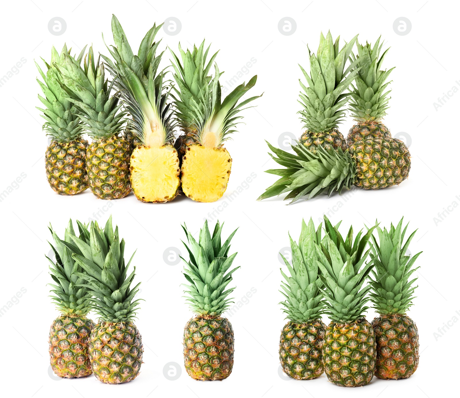 Image of Set with cut and whole pineapples isolated on white